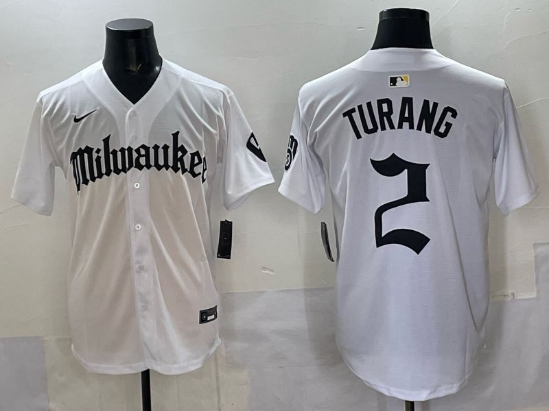 Men 2025 Milwaukee Brewers #2 Turang White Five generations Joint Name Nike MLB Jersey style 8